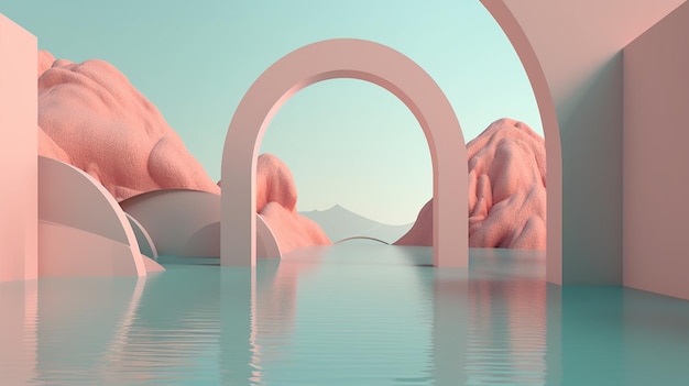 A pink arch over a body of water with a pink sky in the background.