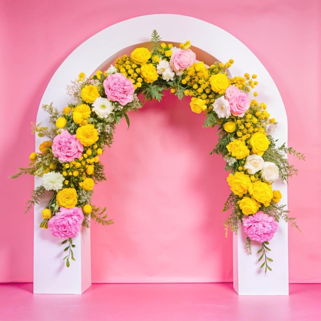 Photo a pink arch with yellow and pink flowers on it