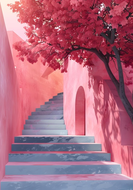 Photo pink architectural stairway with tree