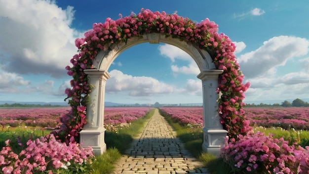 Photo a pink archway with flowers on it and a picture of a flower in the middle