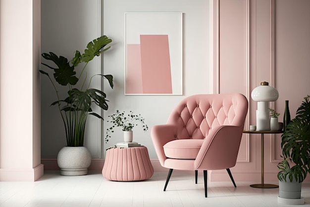 A pink armchair in a minimalist room with simple and modern furnishings created with generative ai