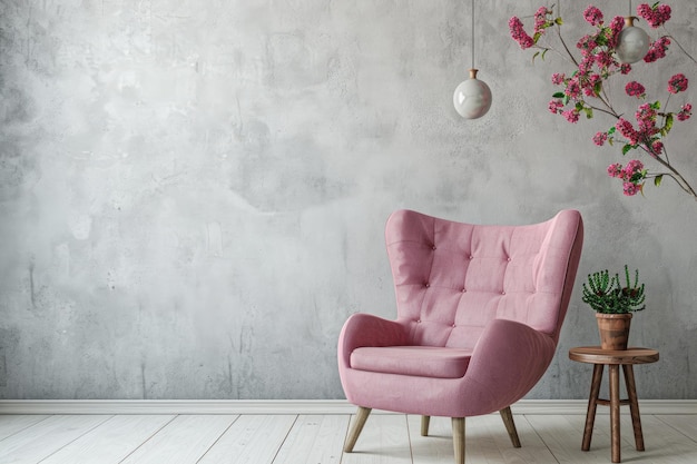 Pink armchair standing out against an empty white wall adding a touch of elegance