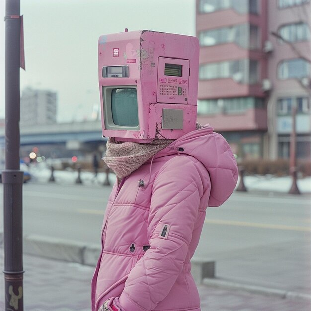 Photo pink automat machine adorned with a parkaclad womans head