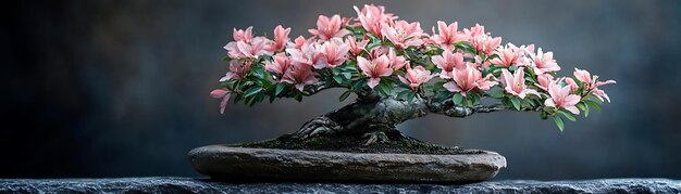 Photo pink azalea bonsai tree in stone pot photo