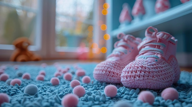 Photo pink baby shoes on a blue rug