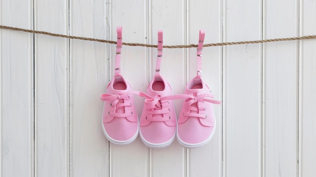 Photo pink baby shoes hanging on a rope