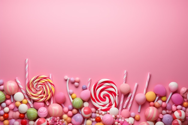 Photo pink backdrop adorned with sweets lollipop and candy canes variety