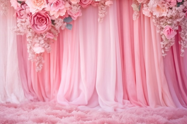 A pink backdrop with a pink curtain and roses.