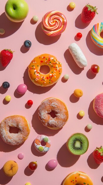 Photo a pink background features a delightful mix of sweet treats including donuts candy and lollipops interspersed with fresh fruit like strawberries and kiwi