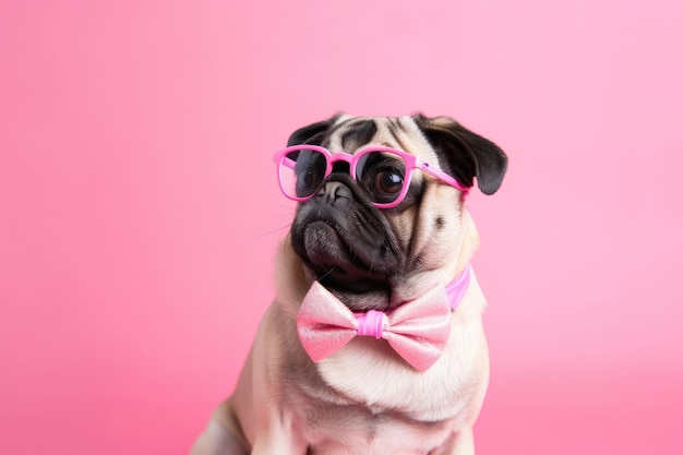 On a pink background a funny Pug dog wears pink glasses