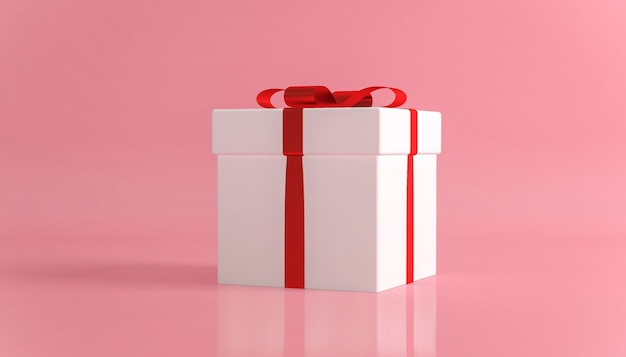 On a pink background a white square present box with a red ribbon