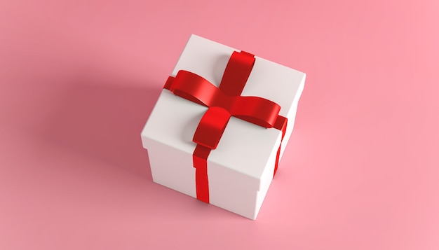 On a pink background a white square present box with a red ribbon