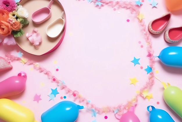 A pink background with a balloon and a pink heart with a star on it.