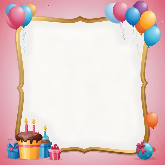 a pink background with balloons and a birthday cake with candles