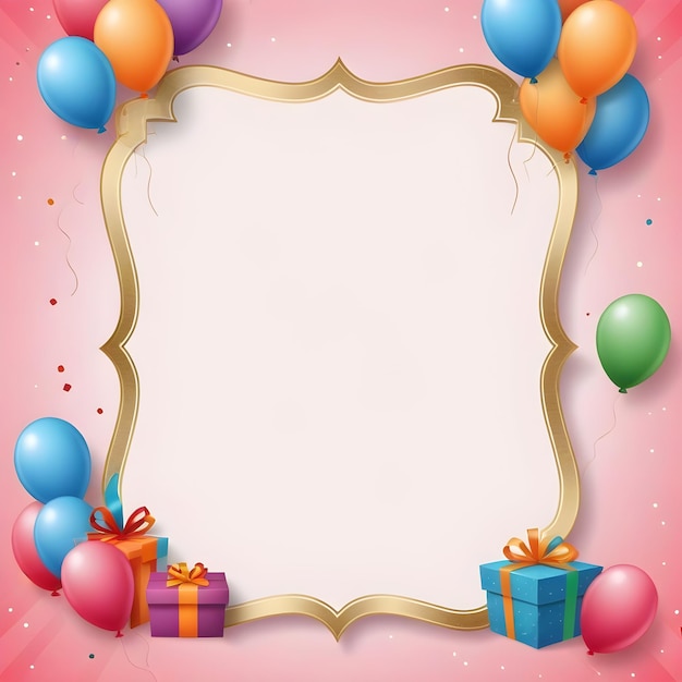 a pink background with balloons and a frame with a gold border