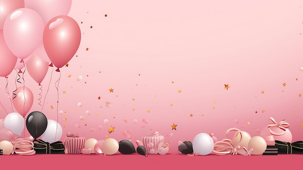 a pink background with balloons and a pink background with a place for a birthday party