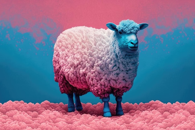 Pink background with blue sheep