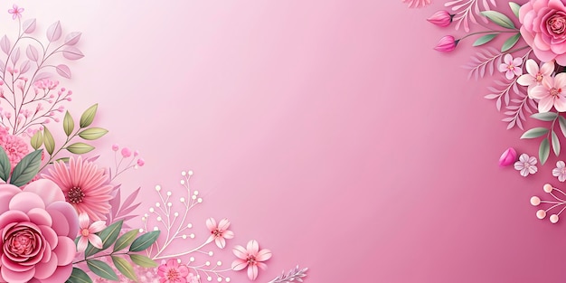 A pink background with a border of flowers and leaves on the left side