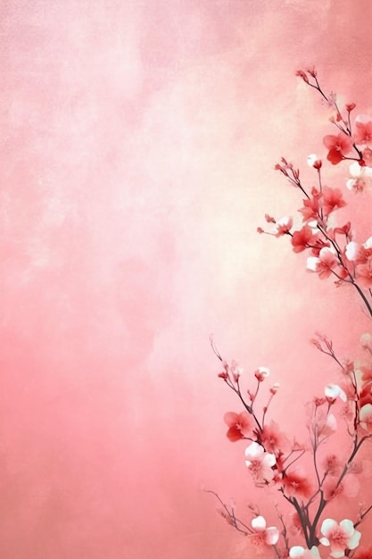 Pink background with a branch of cherry blossoms