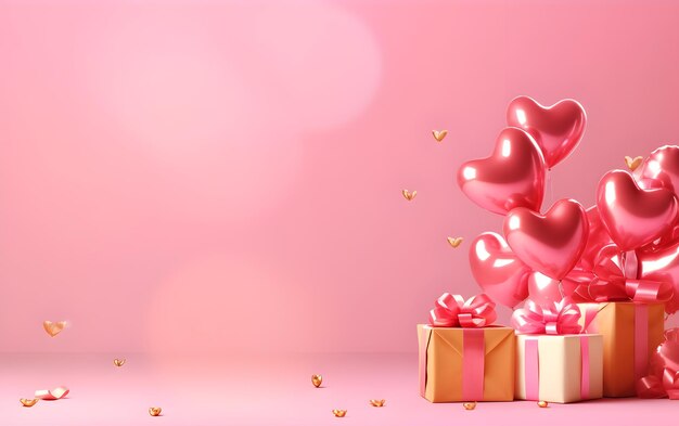 A pink background with a bunch of balloons and a red ribbon with the word love on it