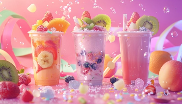 a pink background with a bunch of different fruits in it