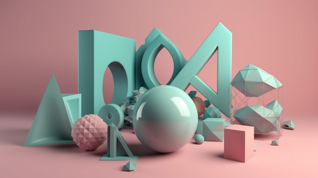 A pink background with a bunch of different objects including a box, a box, a ball, and a box.