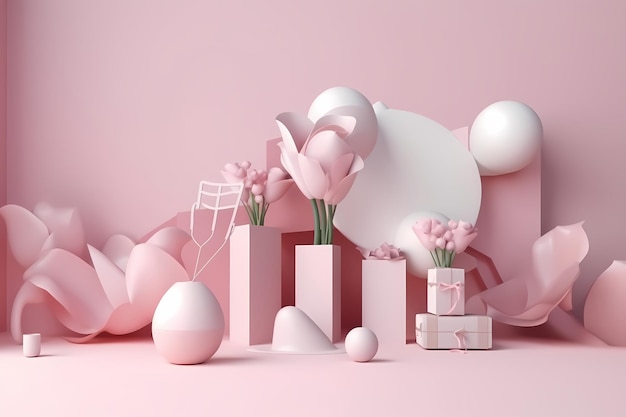 A pink background with a bunch of flowers and a box of eggs.