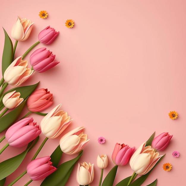 A pink background with a bunch of tulips on it