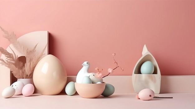 A pink background with a bunny and eggs.