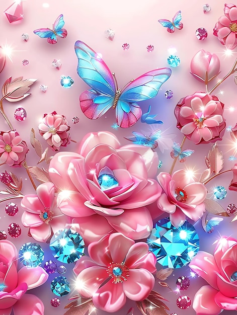 a pink background with a butterfly and flowers