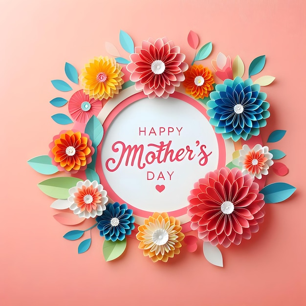 a pink background with colorful flowers and a white circle with the words happy mothers day on it