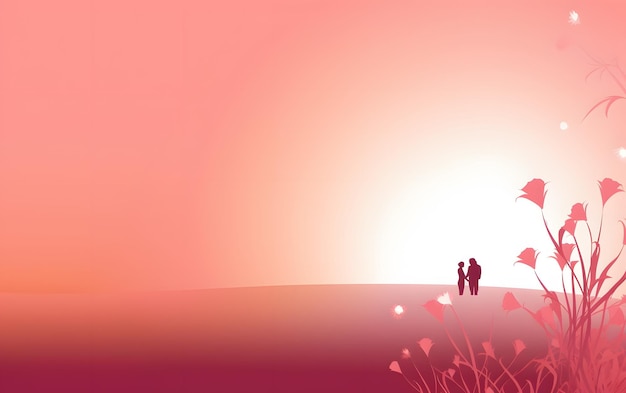 A pink background with a couple standing in the middle of the field.