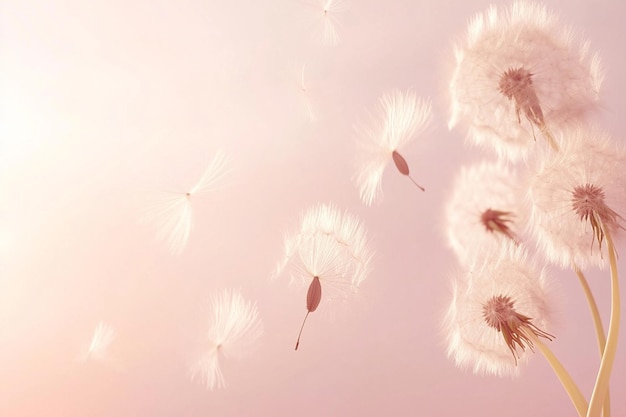 Photo a pink background with dandelions in the air