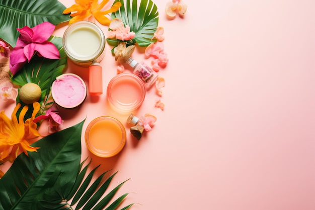 A pink background with different beauty products