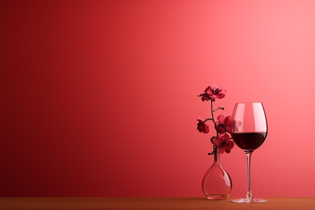 A pink background with a flower and a glass of red wine