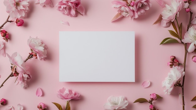 Photo a pink background with flowers and a blank card