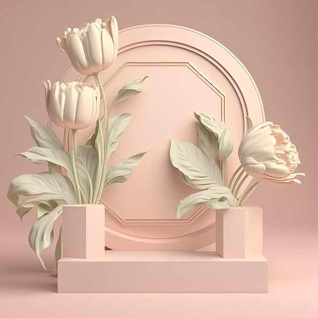 A pink background with flowers and a frame with the word love on it.