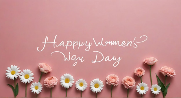 Photo a pink background with flowers and a greeting card that says happy women