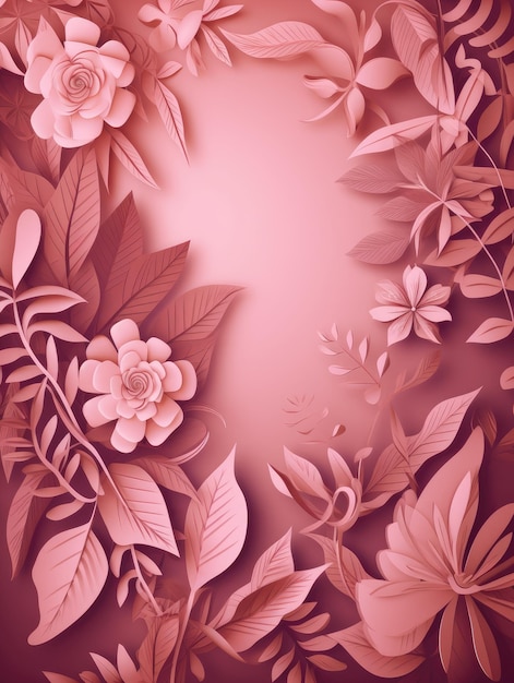 Pink background with flowers and leaves generative ai