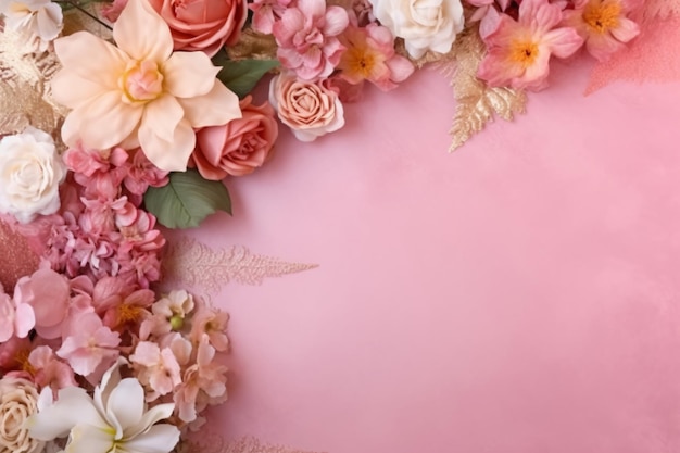 A pink background with flowers and leaves.