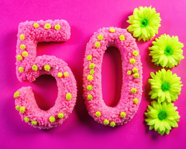 a pink background with flowers and a number 50