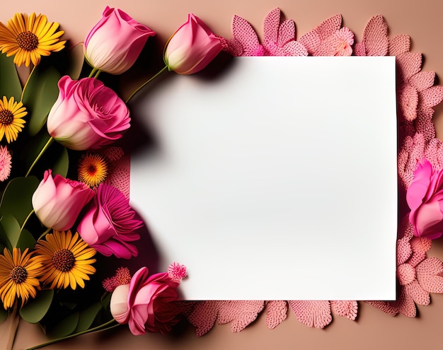 A pink background with flowers and a white paper that says'spring'on it.