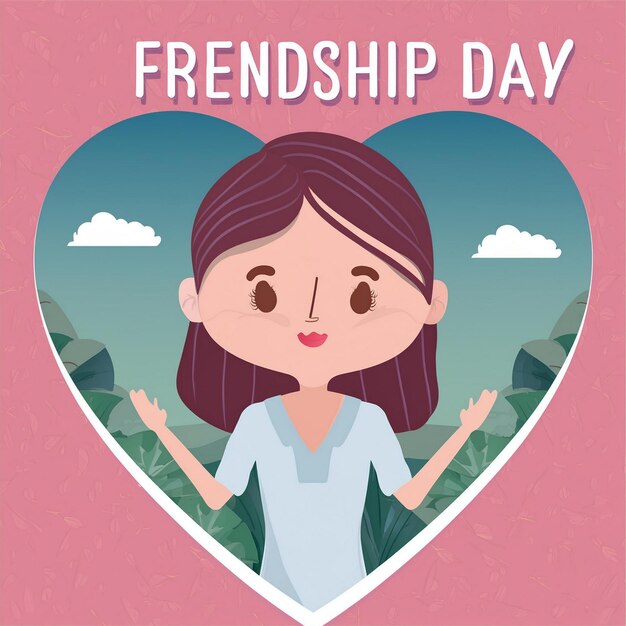 a pink background with a girl with a heart that says friendship day