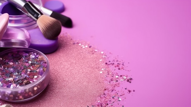 A pink background with glitter and a makeup brush