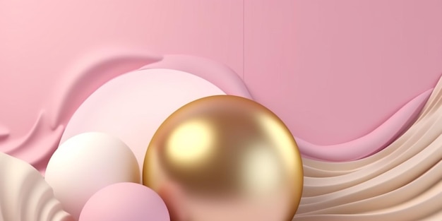 A pink background with a gold ball and a pink egg.