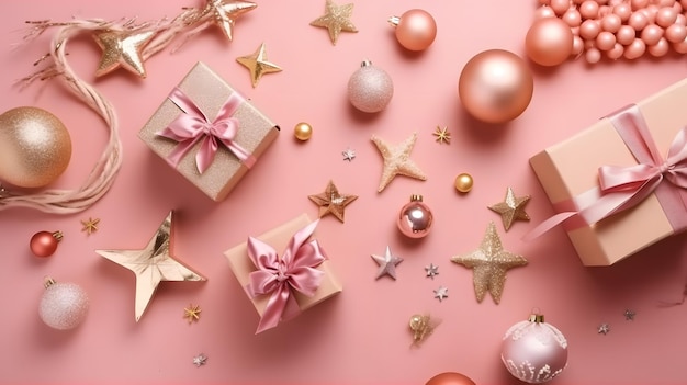 A pink background with gold stars and a pink ribbon with a gold bow.