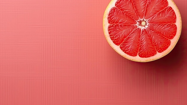 A pink background with a half of a grapefruit on it.