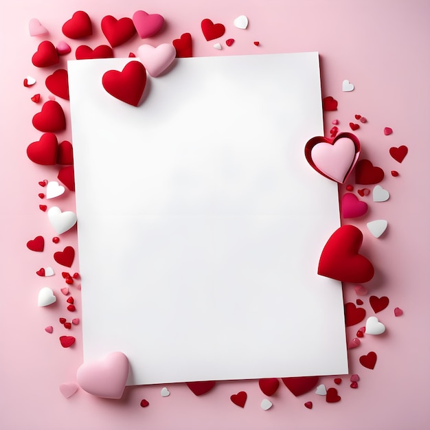 a pink background with hearts and a white sheet of paper with hearts on it