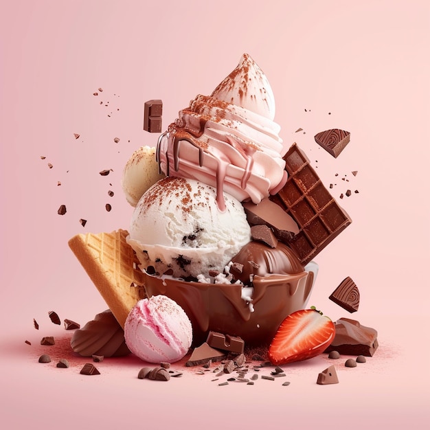 a pink background with ice cream and ice cream