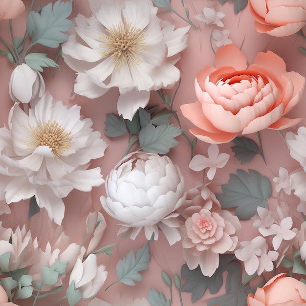 A pink background with a lot of flowers and leaves.